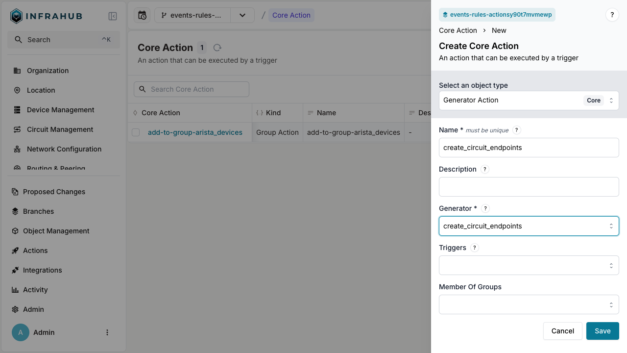 Generator Action creation form